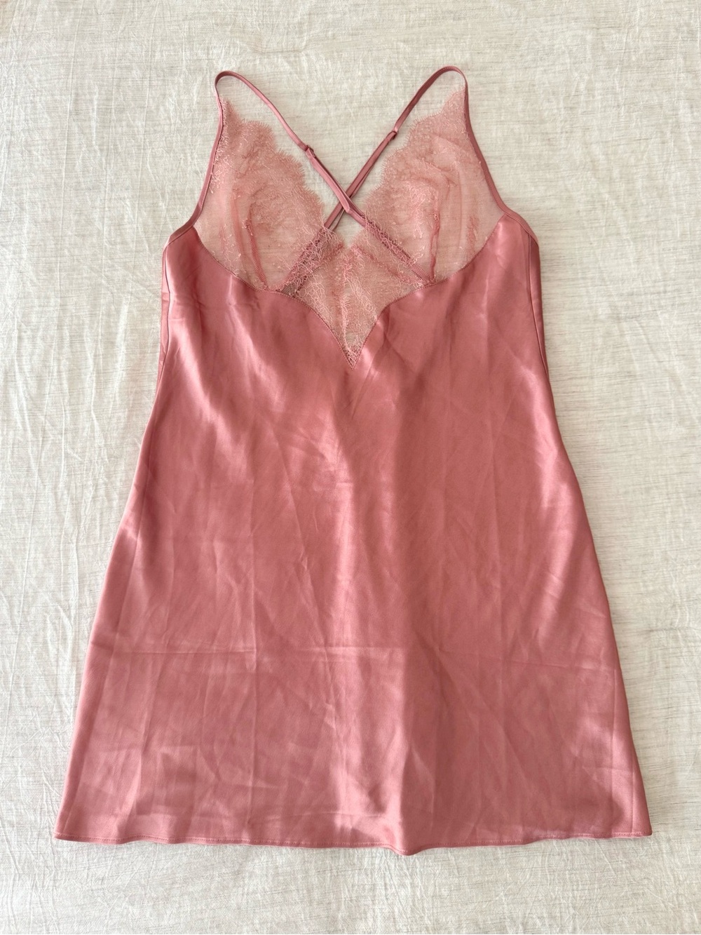 VS Victorias Secret Silk Satin Lace Trim Chemise Slip Dress Dusty Rose Gold